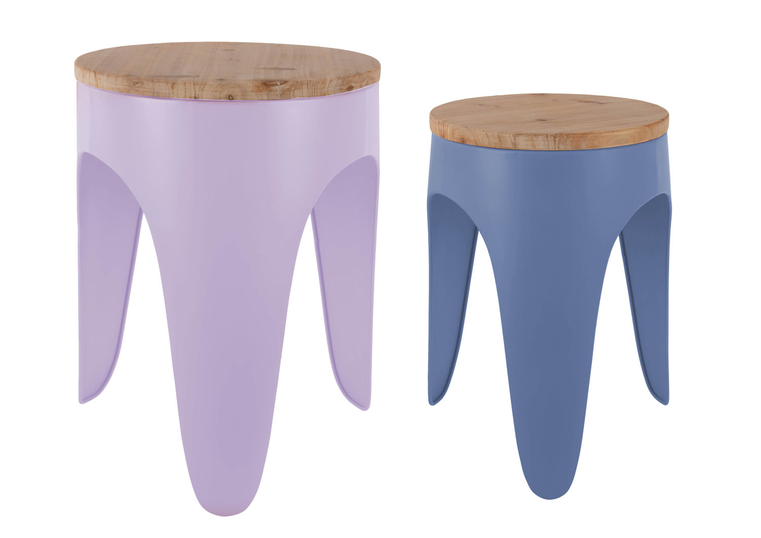 Kruk Fieline zacht paars met houten top en retro design, afgebeeld naast een blauwe variant