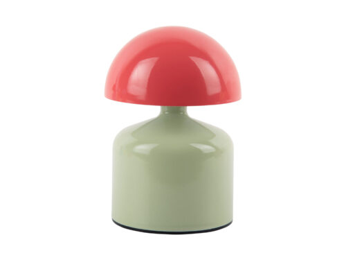 Tafellamp Praurre zacht groen met rode kap, compacte LED lamp met speels retro design en Ø10 cm basis