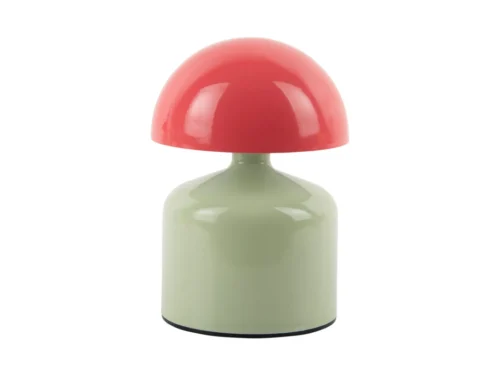 Tafellamp Praurre zacht groen met rode kap, compacte LED lamp met speels retro design en Ø10 cm basis