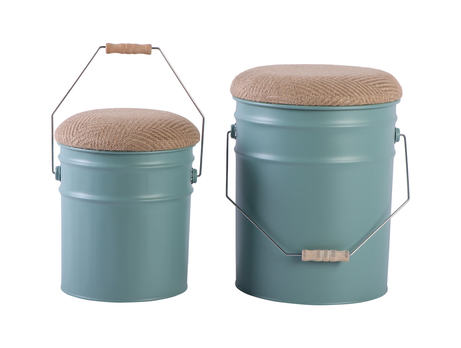 Kruk Klormi set van 2, blauwgroene opbergkrukken met naturel zitdeksel en draaghengsel