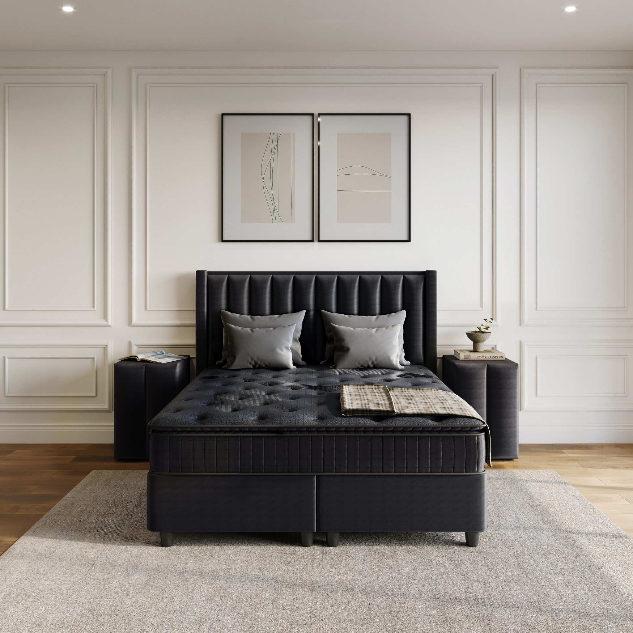 Boxspring Skievino Antraciet 180x210 met fluwelen bekleding, hoofdbord en opbergruimte in luxe slaapkamerstijl