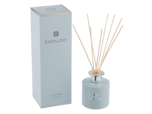 Geurolie Fonter Glas Blauw white tea diffuser met stokjes in stijlvol blauw glazen flacon en verpakking