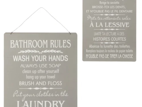 Set van 2 grijze metalen badkamerborden met witte tekst, waaronder Bathroom Rules en Salle de Bain