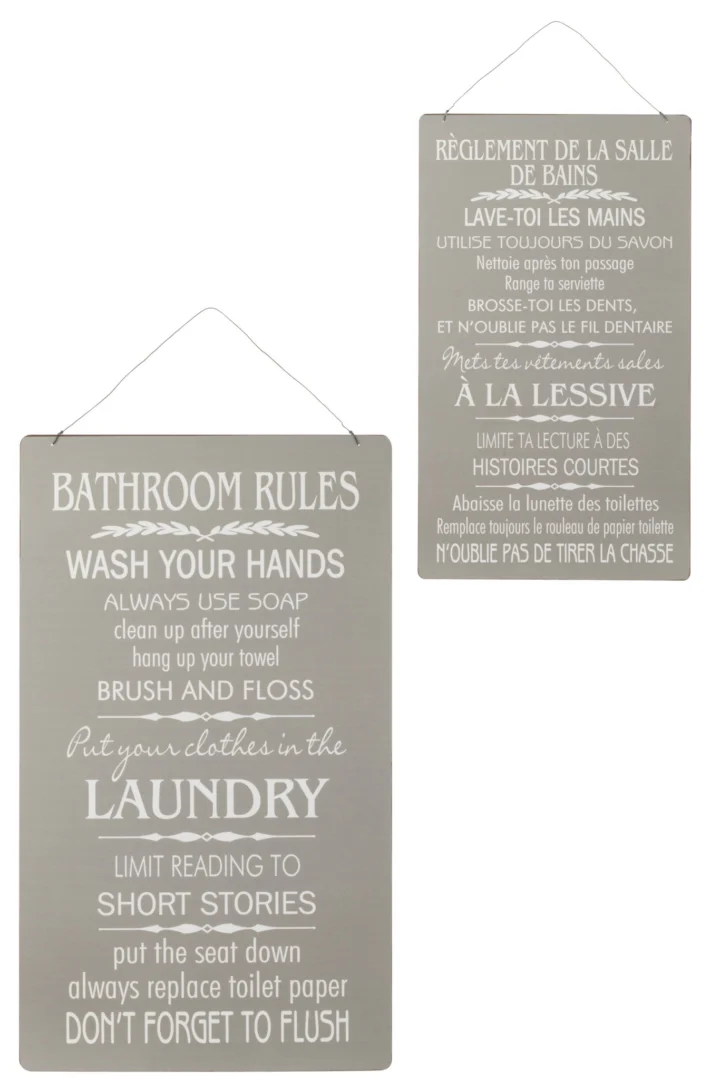 Set van 2 grijze metalen badkamerborden met witte tekst, waaronder Bathroom Rules en Salle de Bain