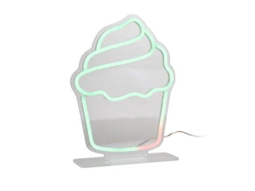 Woonaccessoire Milvak neon light in ijsjesvorm, met mintgroene en roze lichtaccenten op standaard