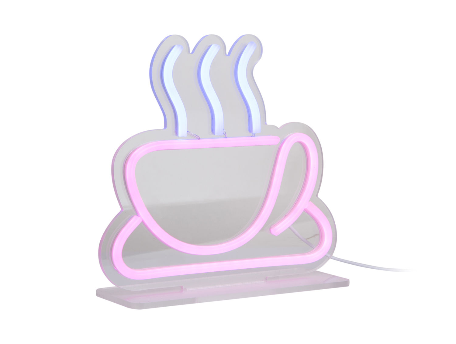 Woonaccessoire Holline Roze neon lamp in kopjevorm, met roze en blauw licht op een compacte standaard