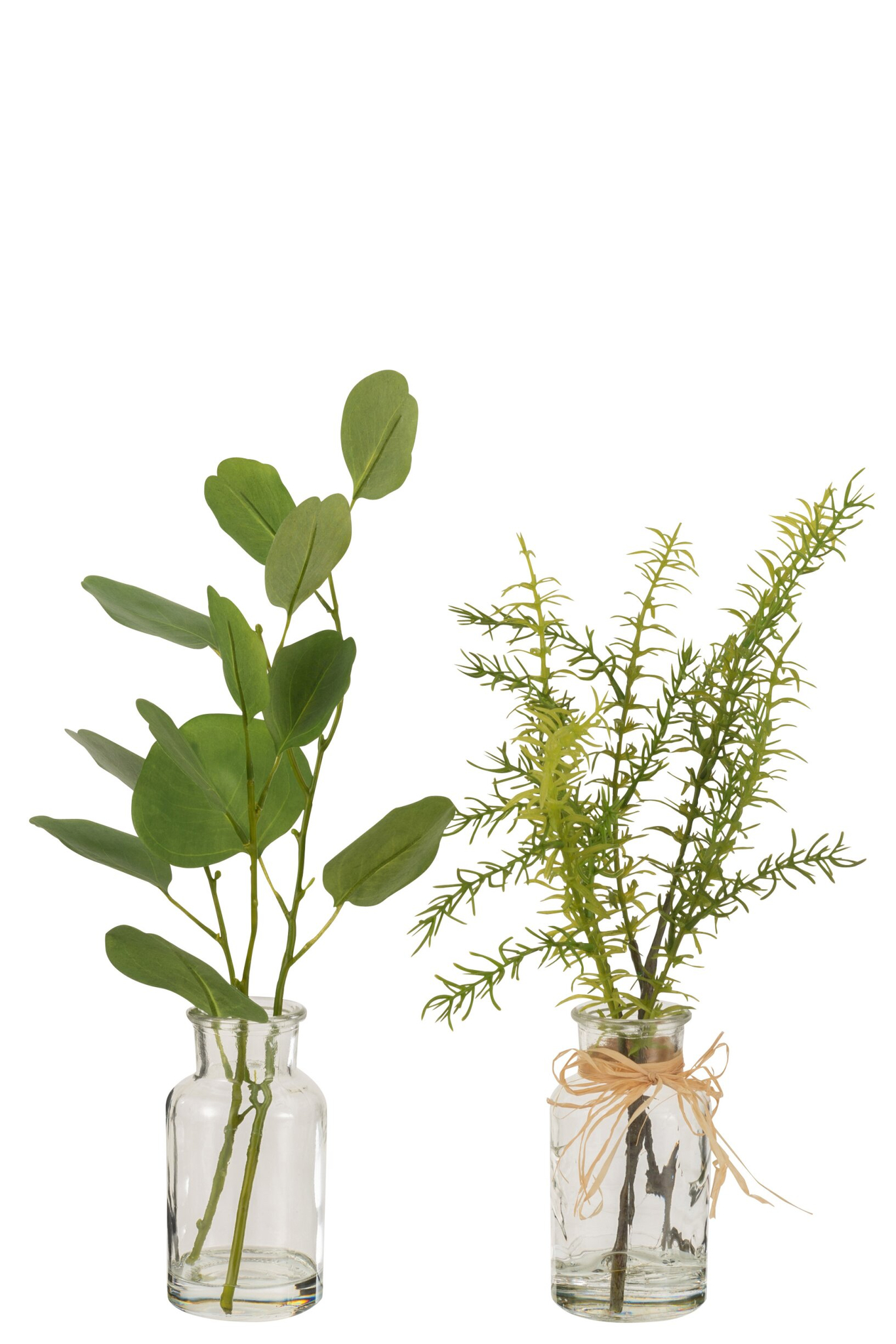 Kelvia groene vaas set van 2 met slanke glazen flesvorm en decoratieve kunsttakken, 37 cm hoog