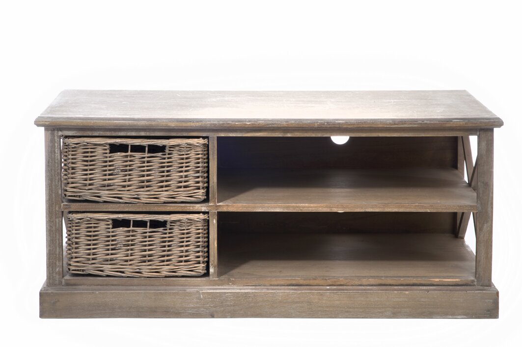 TV-meubel Cunsand Naturel 120 cm met rotan lades en open vakken in naturel grenen