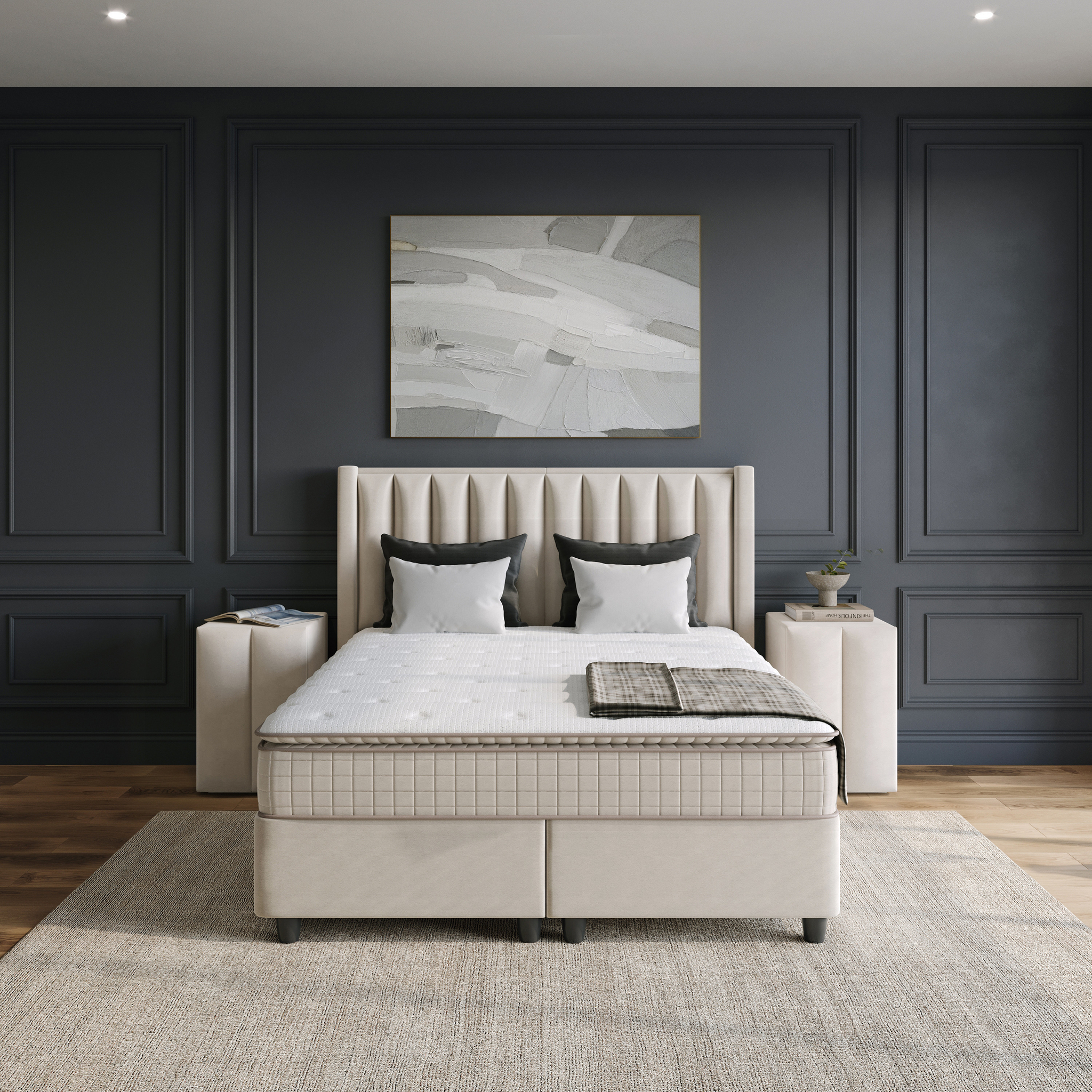 Boxspring Pultes Beige 180x220 met hoofdbord, opbergboxen, pocket hybrid-matras en topdekmatras