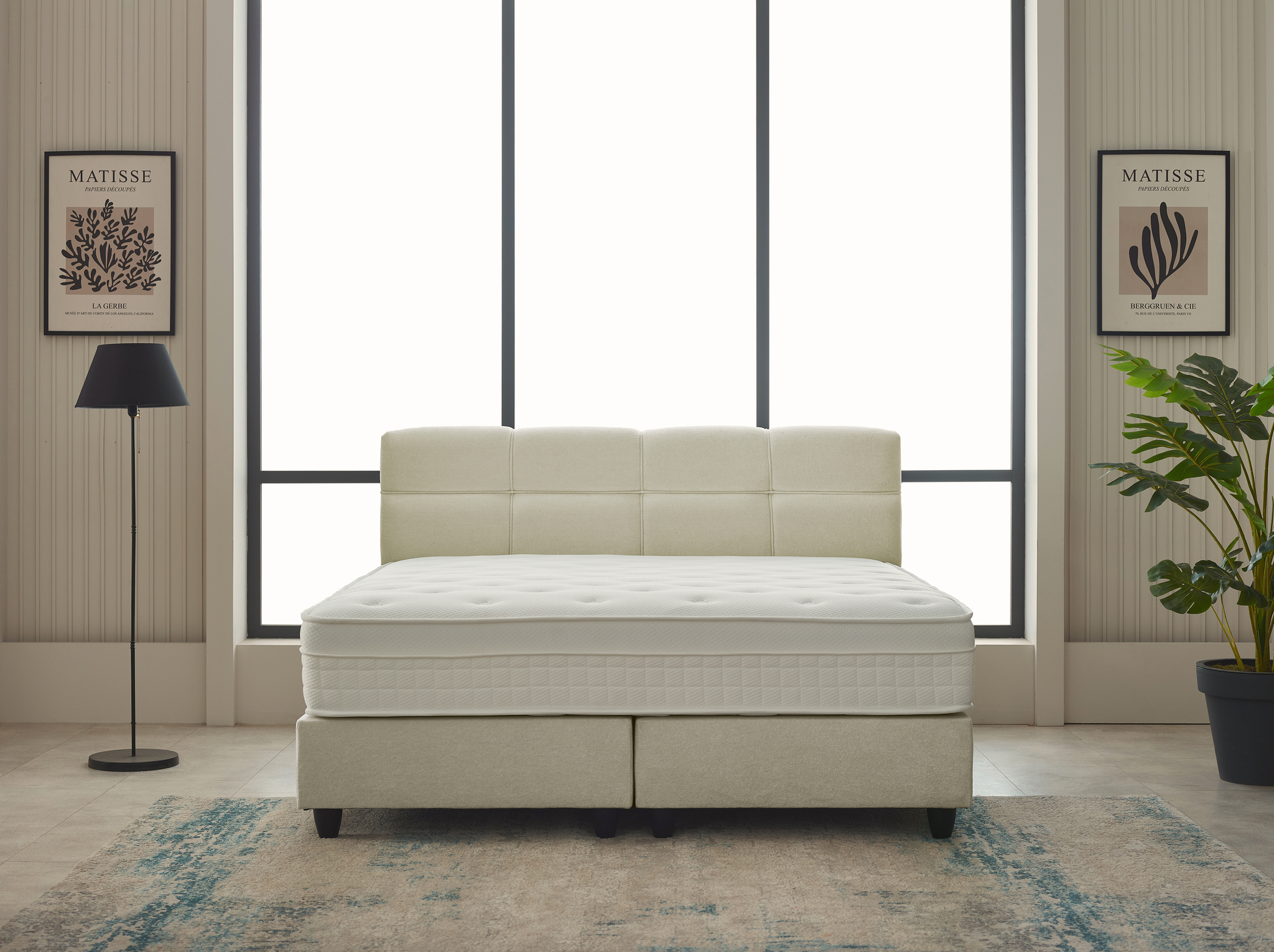 Beige Boxspring Slaurnoro 140x200 met teddy bouclé hoofdbord, matras en onderboxen in moderne slaapkamer