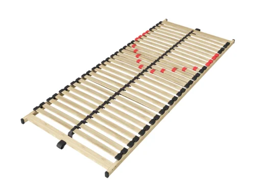 Woonaccessoire Dielvir: houten lattenframe met verstelbare zwarte steunen en rode clips, 200x80 cm overzichtelijk ingericht