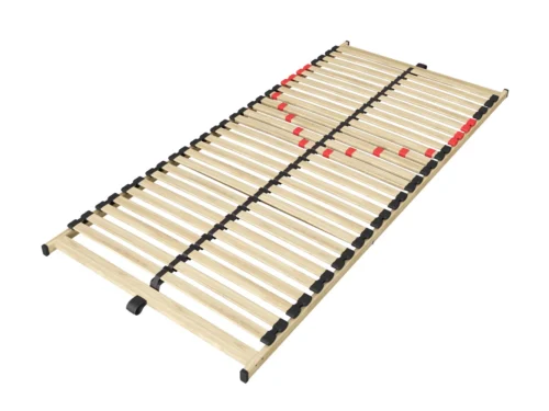 Woonaccessoire Troltaro: stevig houten lattenrooster met zwarte en rode accenten, royaal 7 x 200 x 90 cm format
