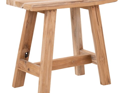 Bank Skensura van naturel teakhout met compact, stevig design en rustieke afwerking