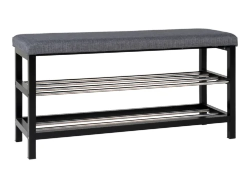 Bank Stinnena grijs bankje met polyester zitting, zwart stalen frame en praktische schoenenrekken