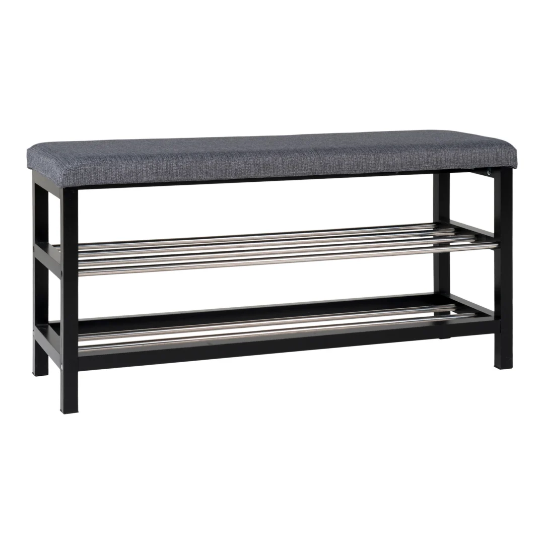 Bank Stinnena grijs bankje met polyester zitting, zwart stalen frame en praktische schoenenrekken