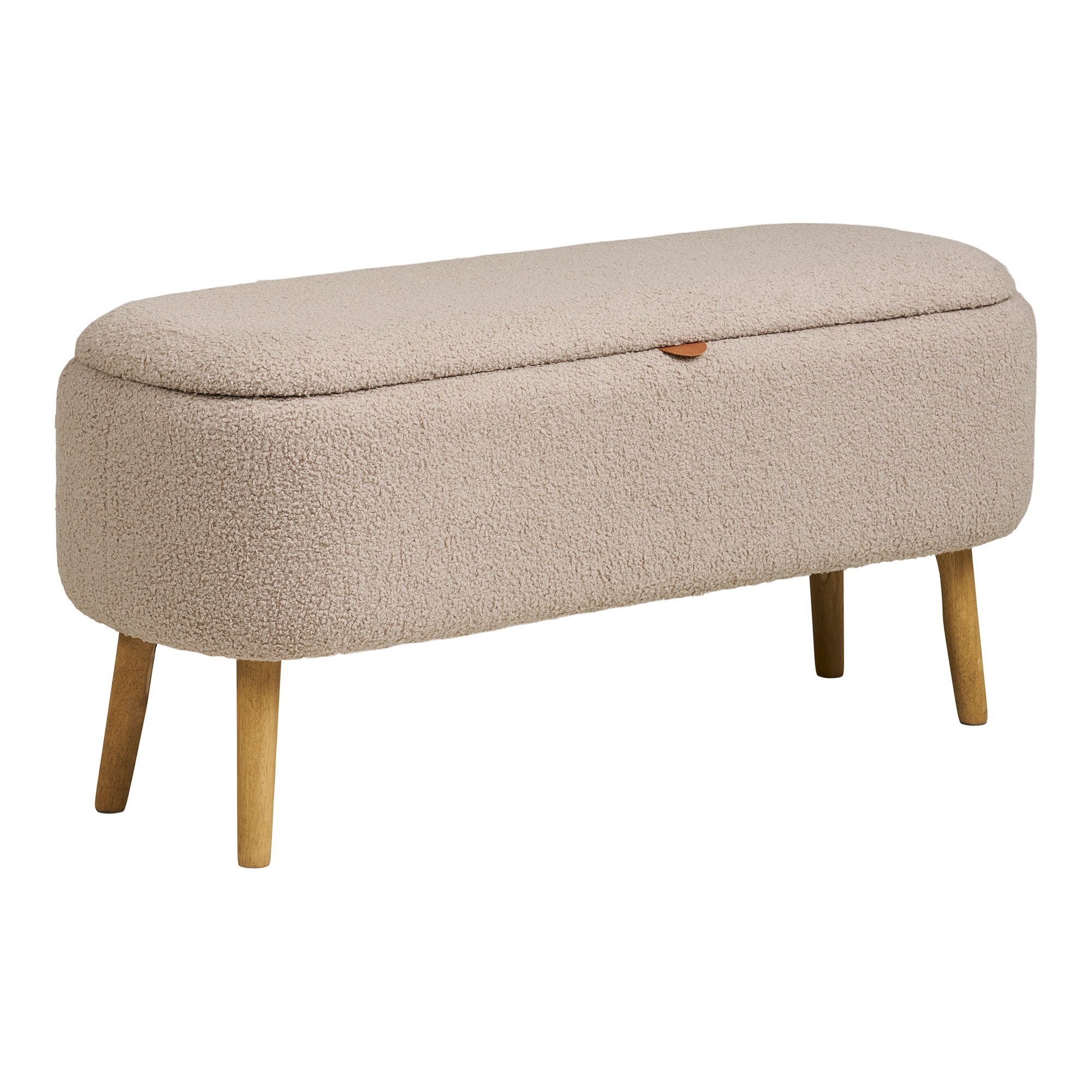 Bank Grossar beige bouclé opbergbank met houten poten en compact, rond model