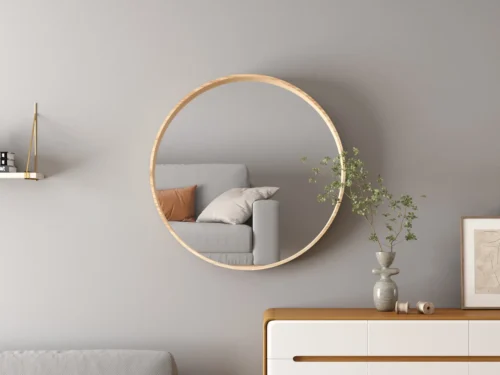 Spiegel Cooldura 80 x 80 cm, ronde spiegel met houten rand in een rustige, moderne woonkamer