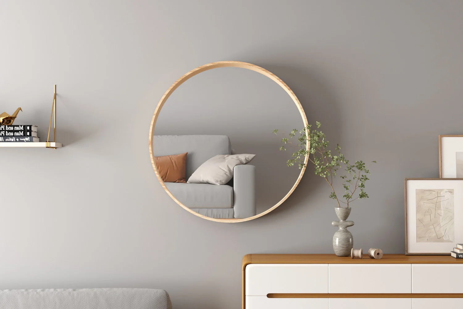 Spiegel Cooldura 80 x 80 cm, ronde spiegel met houten rand in een rustige, moderne woonkamer