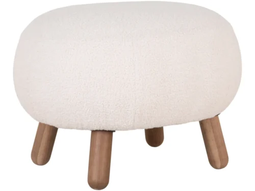 Witte Lamsvacht Zierro voetenbank met zachte bekleding en walnootlook poten, compact formaat 56 x 47 cm