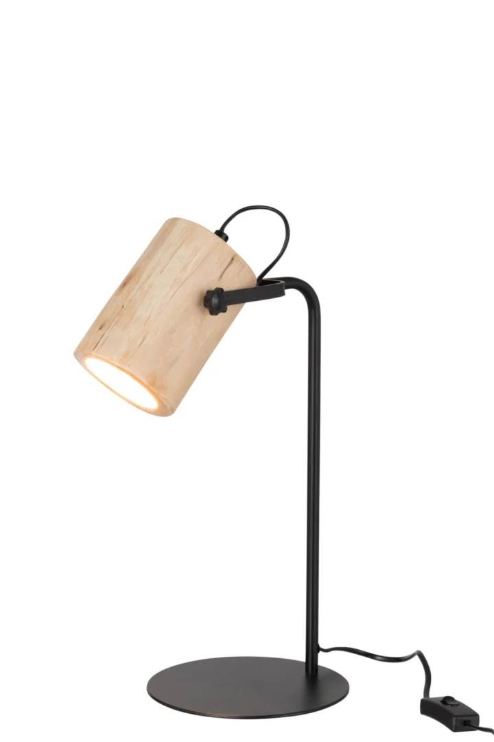 Dirdea bureaulamp van kastanjehout met zwarte voet en verstelbare kap, 42 cm hoog