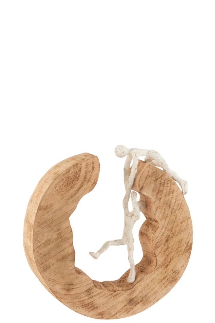 Beeld Slaullal mangohout wit, klimmend koppel met naturel hout en speelse, rustige uitstraling, H28,5 cm