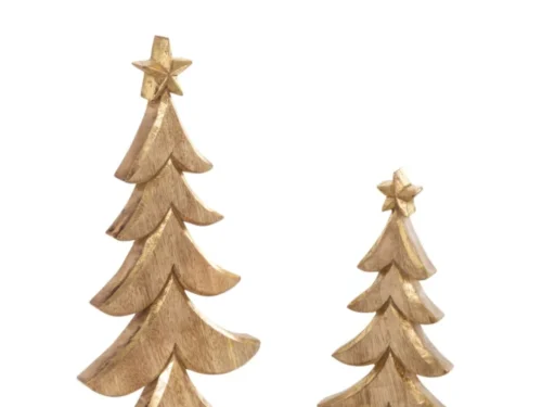 Kerstboom Geely van mangohout naturel met gouden accenten, compact decoratieobject op houten voet
