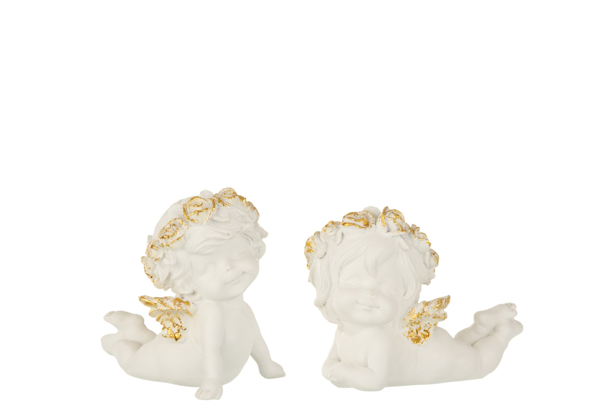 Deerdone polyresin decoratiefiguren wit met gouden accenten, set van 2 engeltjes, H11 cm