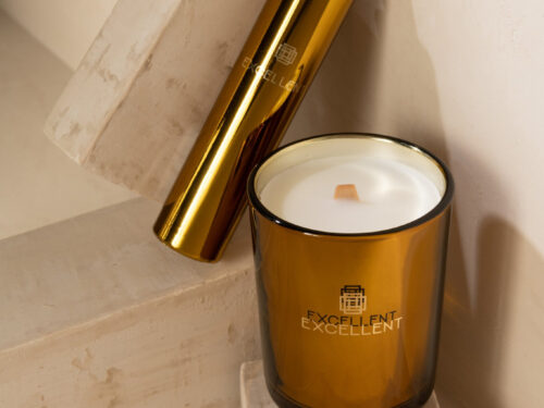 Gele Geurkaars Beekbergen glas, luxe amberkleurig en compact met elegante uitstraling