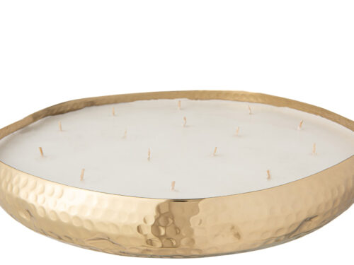 Geurkaars Klaudello Goud in gouden metalen schaal met meerdere lonten, luxe XL woonaccessoire