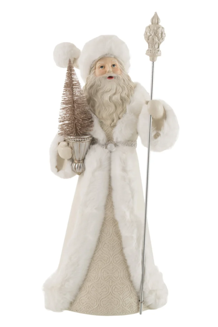 Decoratiefiguur Ceelvun wit, winterse kerstman met staf en miniatuurboom, H57,5 cm