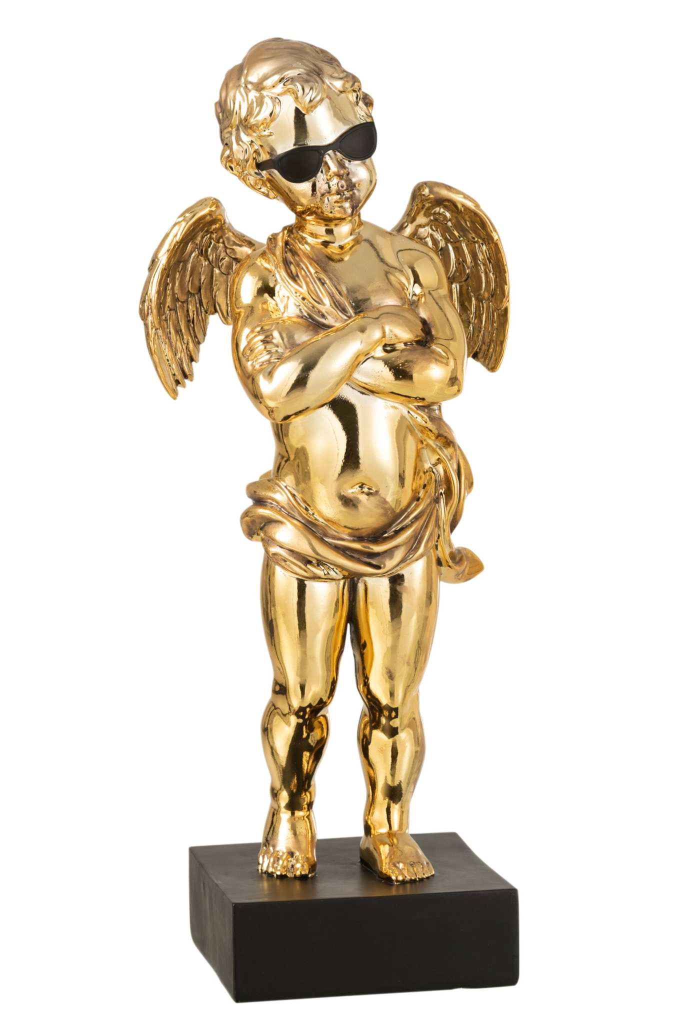 Decoratiefiguur Gostund Goud H46 cm, gouden engel met vleugels, zonnebril en zwarte voet