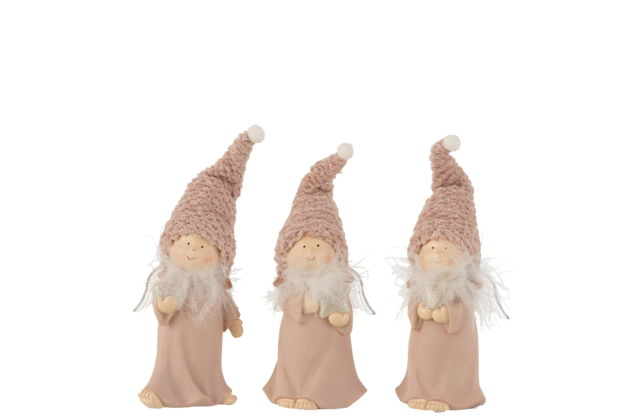 Skielia decoratiefiguren roze gips, set van 3 elfjes met zachte muts en lange baard, H16 cm