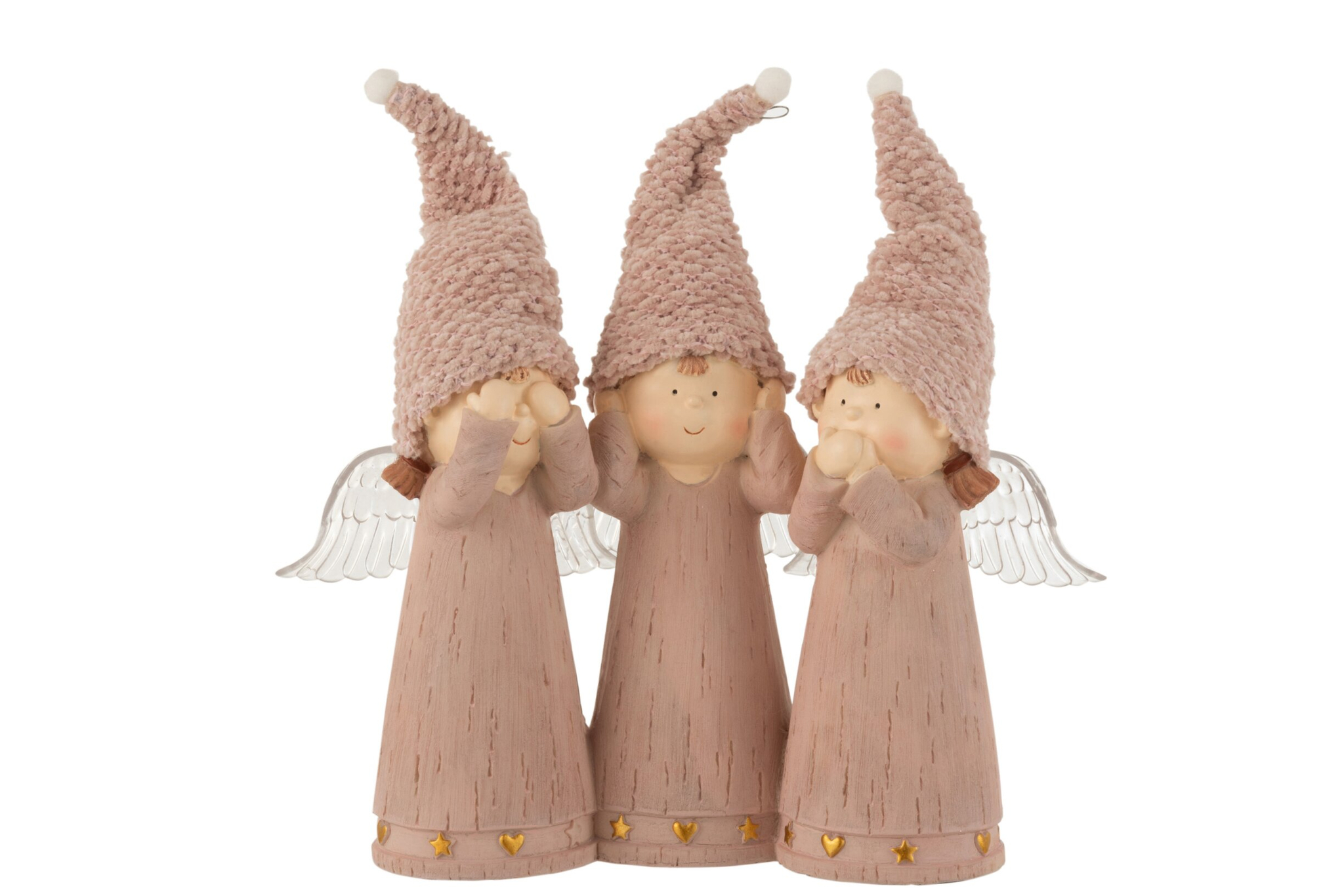 Roze decoratiefiguur Rondes Gips set van 3 engeltjes met hoge mutsen en gouden details
