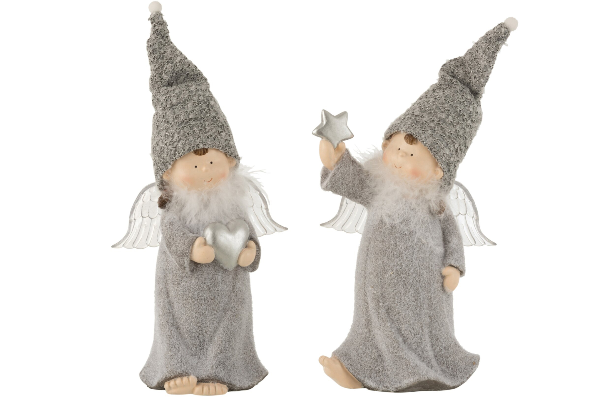Feerrona gips grijze set van 2 engelenornamenten met hoge muts, ster en hart, 30 cm decoratie