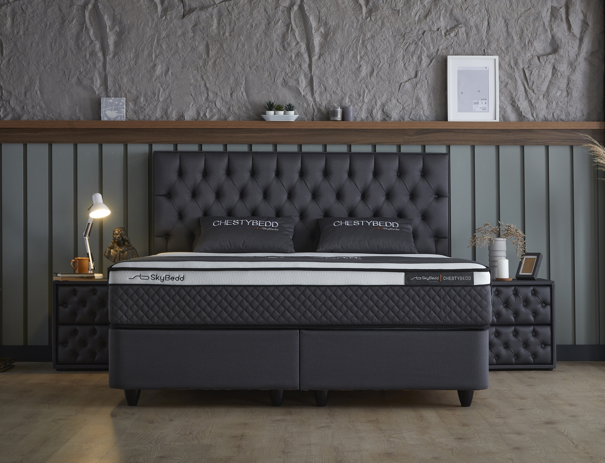 Boxspring Beessor Antraciet 140x200 met gestoffeerd hoofdbord, matras en opbergboxen in luxe fluweel look