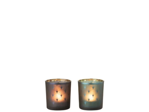 Waxinelichthouder Gitane glas, set van 2 in blauw en groen met warm lichtaccent