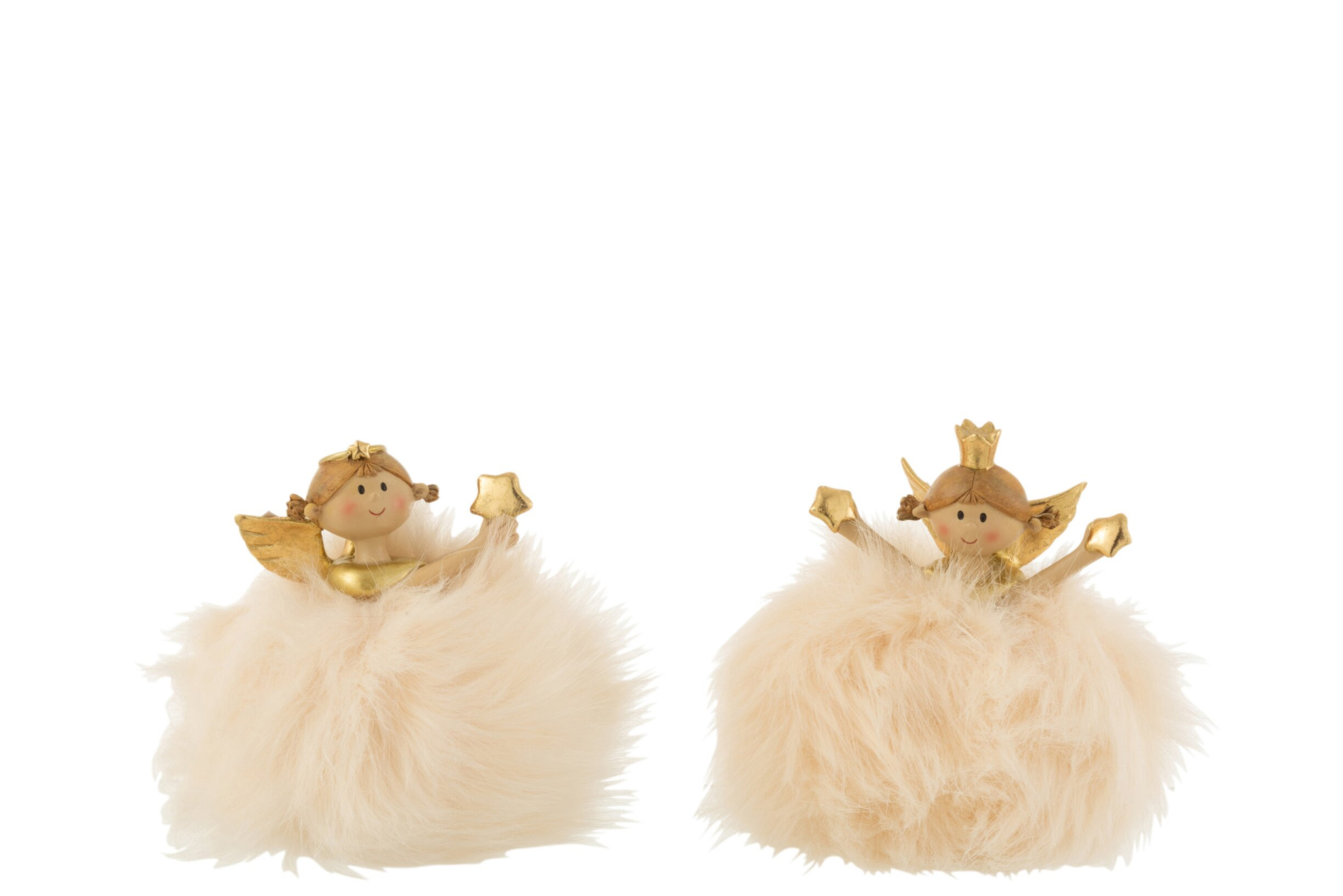 Decoratiefiguur Sloormen set van 2 goud met zachte pluchen basis en kleine engeltjes, 14 cm hoog
