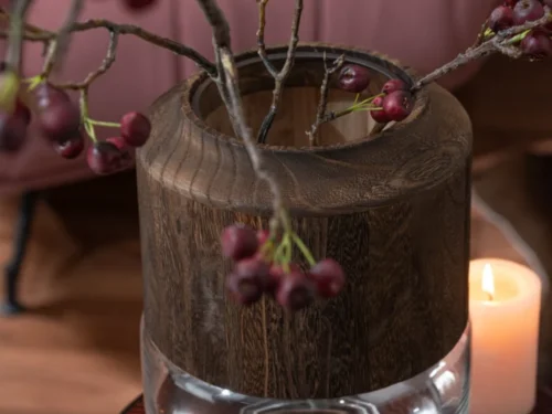 Kunsttak Vosky stof rood met bessen, sierlijke decoratie in glazen vaas voor warme hoogte in huis