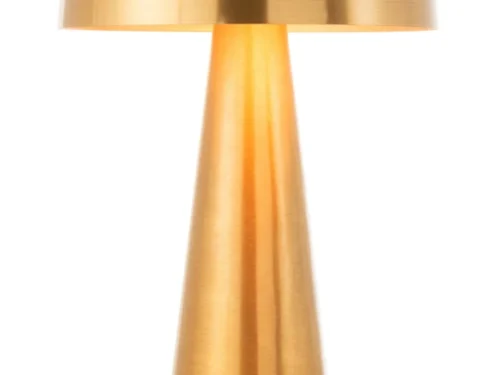 Slermon decoratiefiguur in mat goud, grote paddenstoellamp van ijzer met strak design en snoerschakelaar