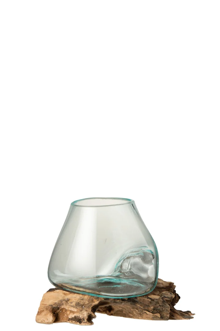 Kleidero bruine glasvaas met houten voet, 20 cm hoog, natuurlijke look en transparant accent