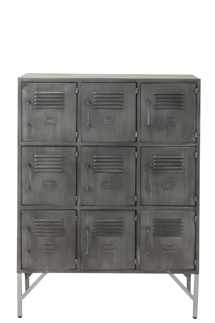 Kast Slooda Zilver 86 cm, metalen lockerkast met 9 deuren en slanke poten in industriële stijl