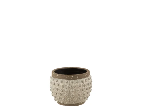 Bermia witte terracotta bloempot met glazuur en reliëf, compact H12,5 cm voor kleine planten