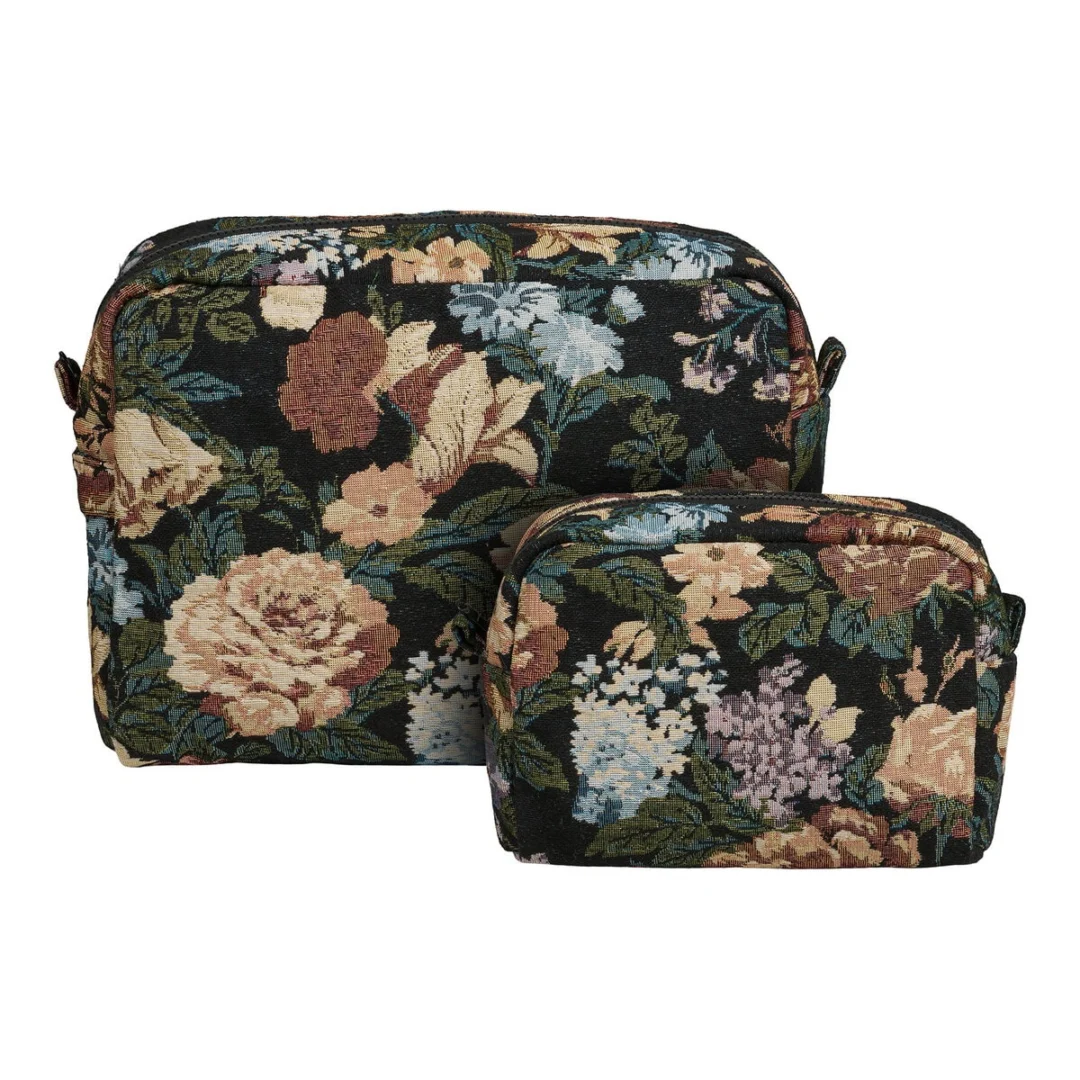 Raustes toilettas set van 2 in zwarte bloemenprint, compact en licht van 100% polyester