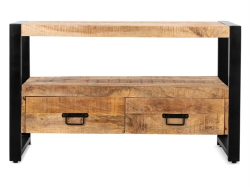 TV-meubel Noolland Zwart van mangohout met zwart stalen poten en twee lades, stoere natuurlijke look
