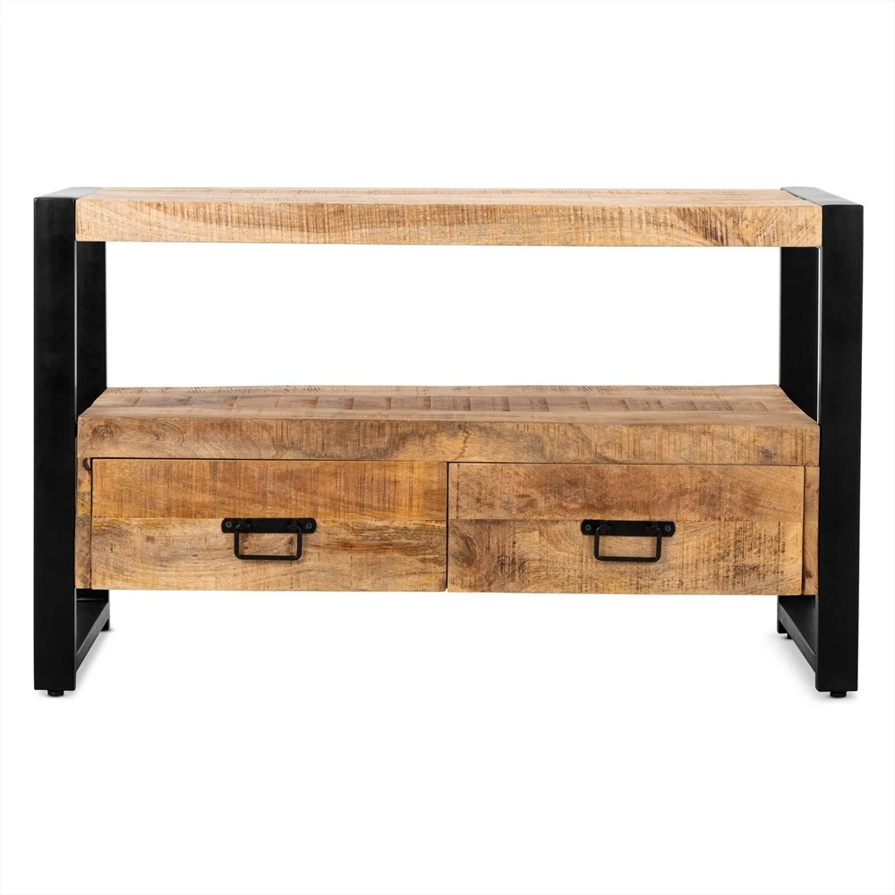 TV-meubel Noolland Zwart van mangohout met zwart stalen poten en twee lades, stoere natuurlijke look