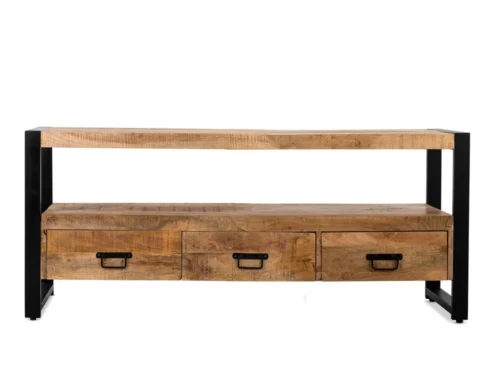 TV-meubel Pendund Naturel van mangohout met zwarte stalen poten en 3 lades, warm en stoer ontwerp