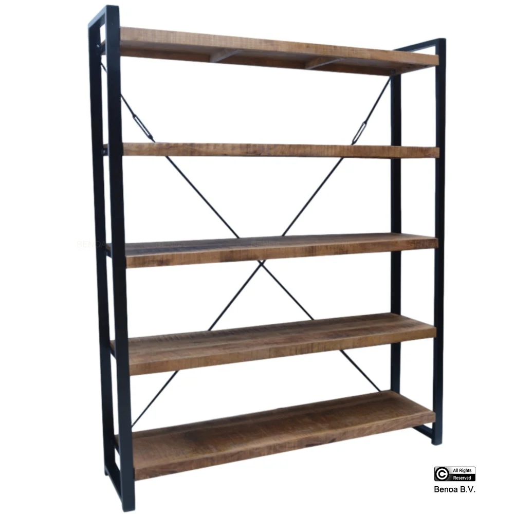 Boekenkast Spey Naturel met naturel mangohout en zwart stalen frame, vijf open planken