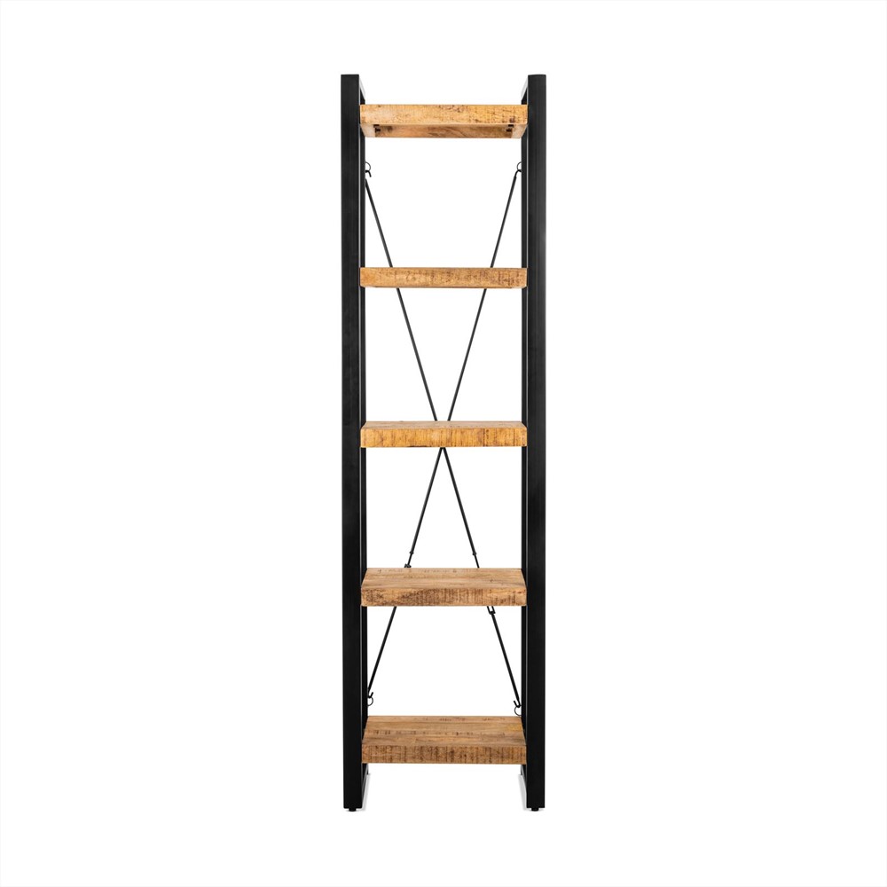 Boekenkast Saurnone Naturel van mangohout met zwarte frame, open planken en slank hoog design