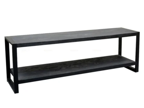 TV-meubel Jassea zwart met twee houten planken en stoer stalen frame