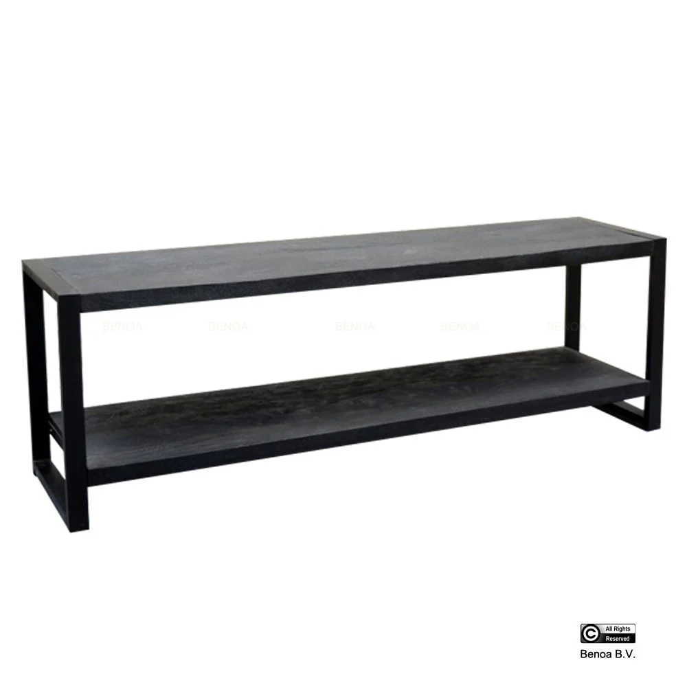 TV-meubel Jassea zwart met twee houten planken en stoer stalen frame